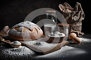 Bread and flour cooking studio photo of products, dark black background.