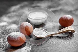 Bread, flour, eggs and cherry tomatoes.