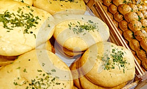 Bread food background brown wheat graine roll lot pastries batch product baked herb dressing