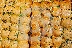 Bread food background brown wheat graine roll lot pastries batch product baked herb dressing garlic