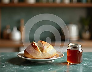 The bread and jam are beautifully presented on a plate, showcasing the warm, fresh-baked bread alongside vibrant, colorful jams. photo