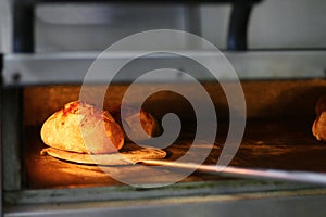 Bread freshly made. Out of a traditional brick oven. process of making bread