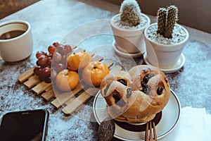 Bread and fruit on the dining table