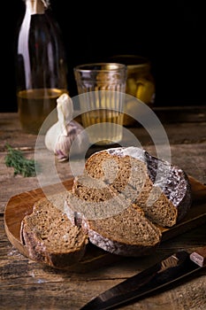 Bread, garlic, pickles and brine