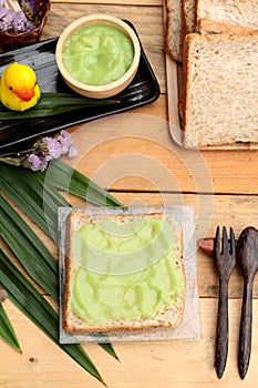 Bread with green custard and fresh milk.