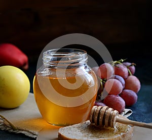 Bread with honey on paper, ripe grapes, nuts and apples on a dark background
