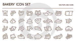 Bread icons. Bakery logo. Line pastry. Bun or loaf. Baking food. Croissant and roll. Sweet cake logotype. Wheat bagel or