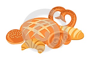 Bread illustration. White freshly baked baguette, croissant and bagel wheat grains. Composition for cafe menu and shop