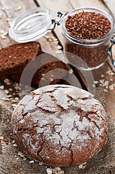 Bread and jar with buckwheat