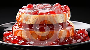 A bread with jelly in a plate on white background