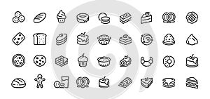 Bread line icons. Bakery and dessert with croissant muffin donut pizza sandwich cookies and cakes. Vector bakery symbols