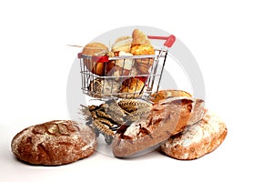 Bread loaf and buns in a shopping cart