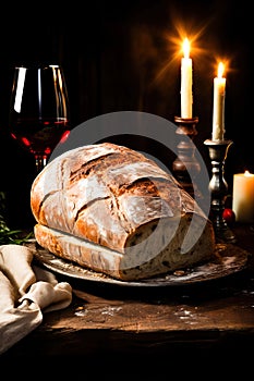 A bread loaf lies on a plate on a weathered wood table, a glass of red wine and candles in the background