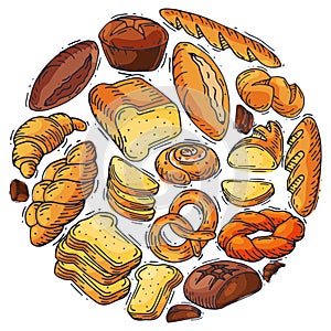 Bread loaf round set vector illustration. Fresh whole grain baguette, croissant and breadcrumb food breakfast in bakery