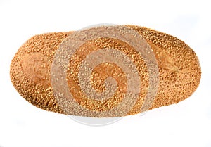Bread loaf with sesame seeds isolated on white background.
