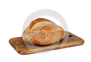 Bread loaf on a wooden chopping board isolated on white background