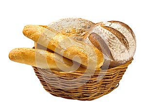 Bread loaves and baguettes in a basket