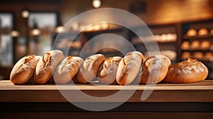 Bread. Loaves of freshly baked wheat bread in row on table. On blurred background of bakery or store. With copy space