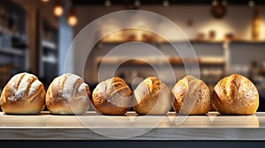 Bread. Loaves of freshly baked white wheat bread in row on table. On blurred background of bakery or store. With copy