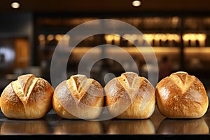 Bread. Loaves of freshly baked white wheat bread in row on table. On blurred background of bakery or store. With Copy