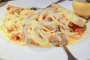 Bread, Lobster Scampi Linguini and folk