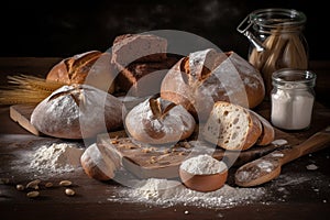 Bread with lour product photography arrangement. Ai generated