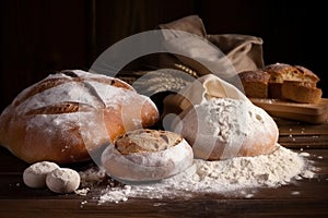 Bread with lour product photography arrangement. Ai generated