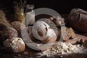 Bread with lour product photography arrangement. Ai generated