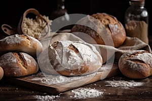 Bread with lour product photography arrangement. Ai generated