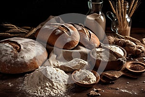 Bread with lour product photography arrangement. Ai generated