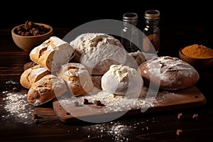 Bread with lour product photography arrangement. Ai generated