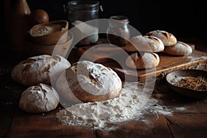 Bread with lour product photography arrangement. Ai generated