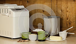 Bread machine making fresh bread at home.