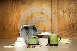 Bread machine making fresh bread at home.