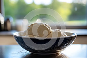 The bread-making process is showcased as dough rises in a round metal bowl, situated in a kitchen, during the morning