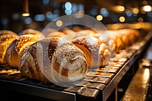 Bread manufacturing: industrial plant with automated equipment and a conveyor line