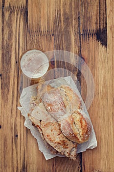Bread with meat on brown background photo