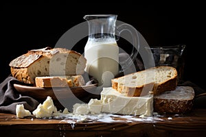 Bread, milk and butter on a wooden board