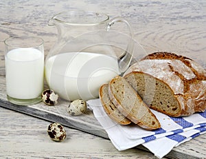 Bread, milk and quail eggs.