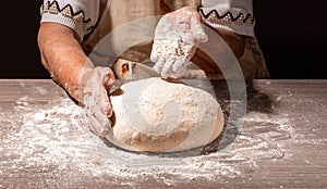 Bread in the old wrinkled hands of the grandmother close-up. Grandmas bread dough. Grandmother holding a piece of bread with wheat