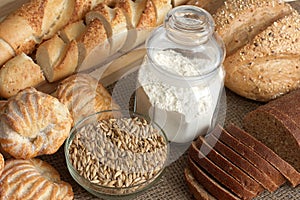 Bread, pastries, grains and pot with meal