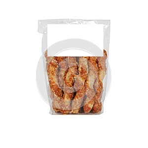 bread in plastic bag cut out isolated white background with clipping path