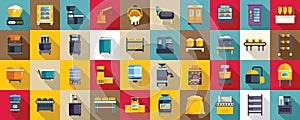 Bread production icons set flat vector. Food factory