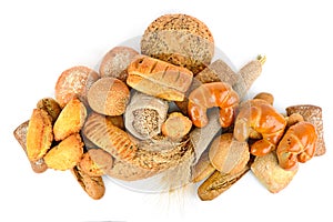 Bread products from wheat and rye flour isolated on white background.