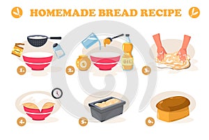 Bread recipe. Cartoon dough with ingredients kneading, homemade baking flatbread dough with yeast preparation cooking