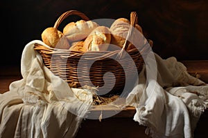 bread rolls in a wicker basket with a linen cloth