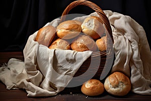 bread rolls in a wicker basket with a linen cloth