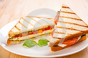 Bread sandwich with cheese, tomato. Healthy vegetarian snacks.