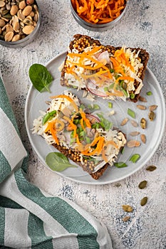 Bread sandwich with cheese and vegetables; healthy breakfast; vegetarian food