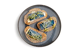 Bread sandwiches with blue lavender cheese and mustard microgreen isolated on white, top view, close up